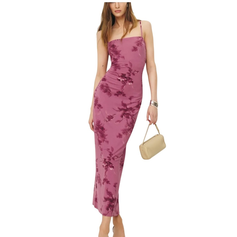 Reformation Elise Dress Medium Stretch Square Neck Spaghetti Strap Floral Pink